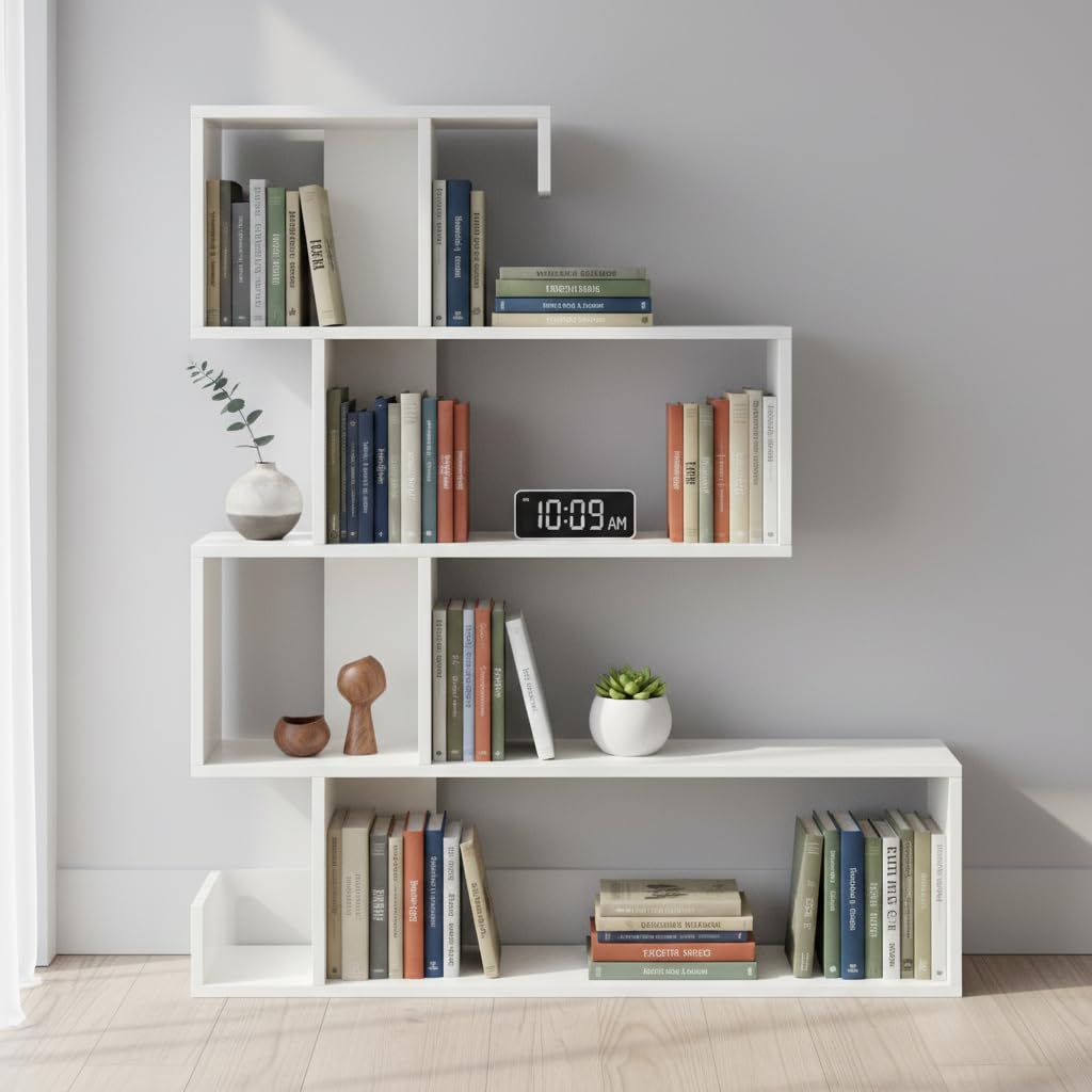 Allesia Modern Zig-Zag Wooden Bookshelf | Engineered Wood Display Rack (White) - front_view