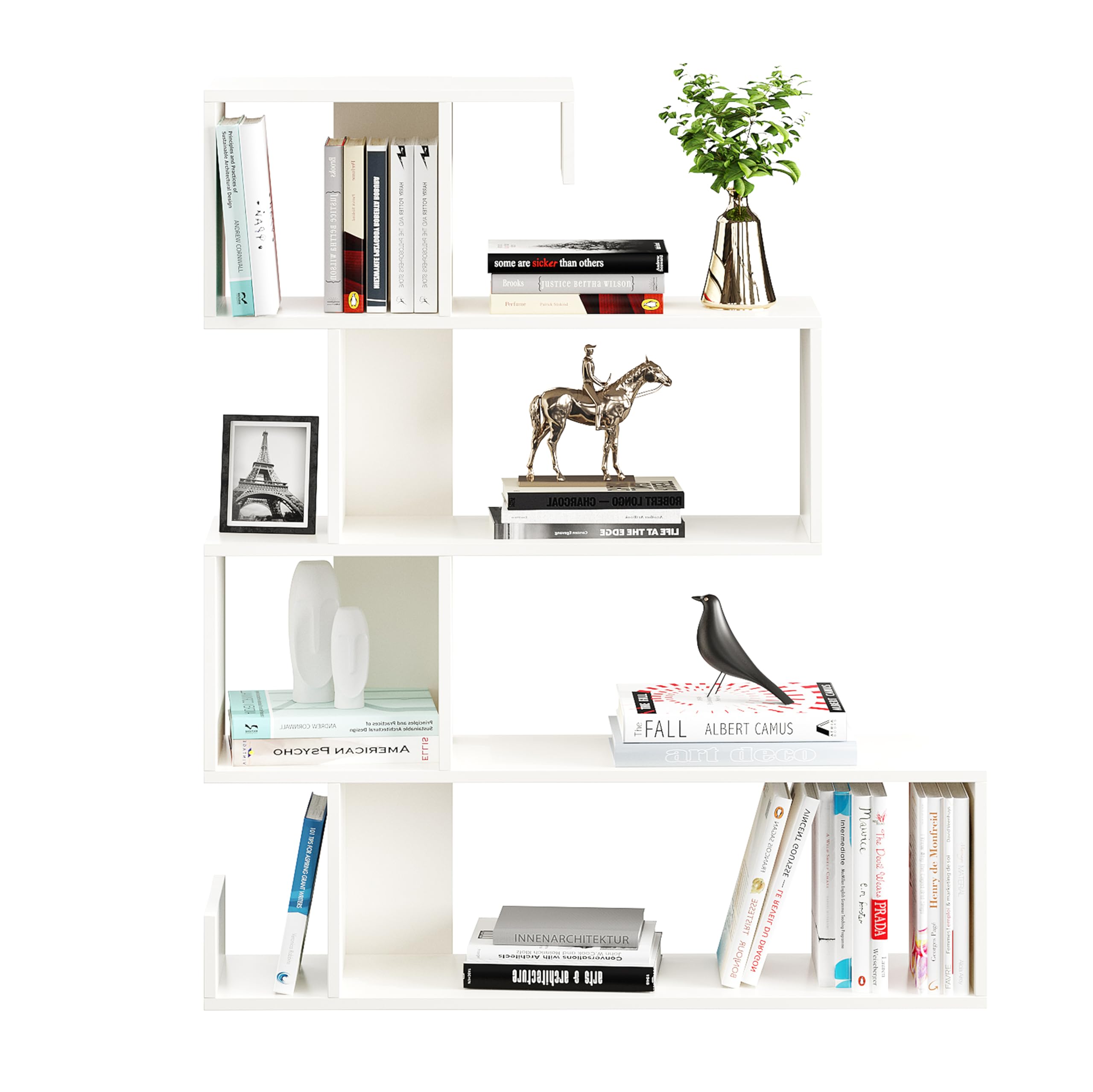 Allesia Modern Zig-Zag Wooden Bookshelf | Engineered Wood Display Rack (White) - rear_view
