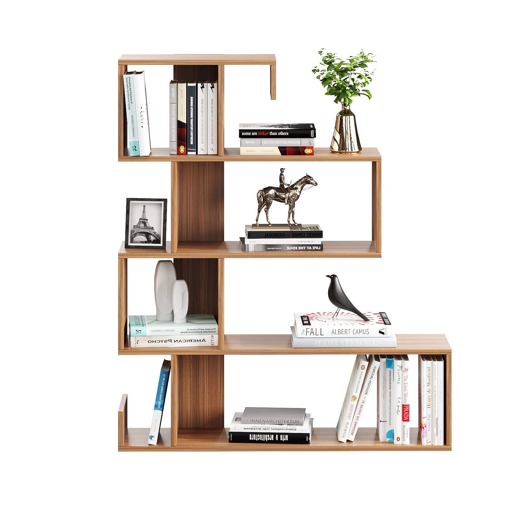 Allesia Modern Zig-Zag Wooden Bookshelf | Engineered Wood Display Rack (Exotic Teak) - front_view