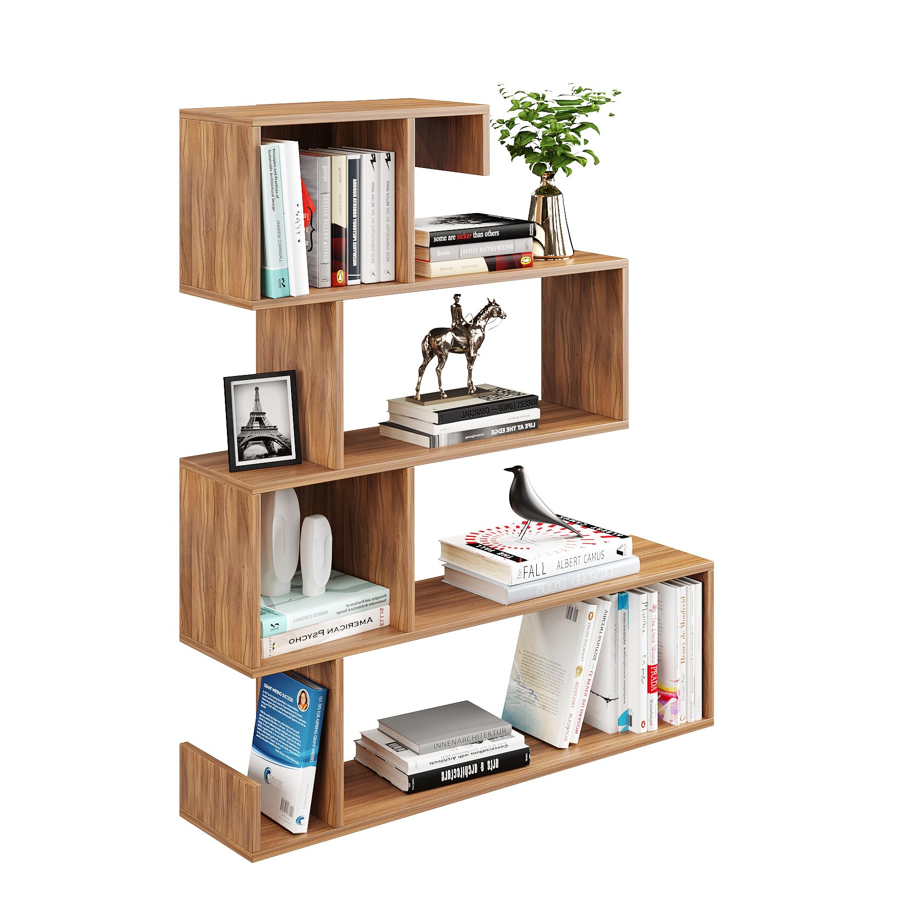 Allesia Modern Zig-Zag Wooden Bookshelf | Engineered Wood Display Rack (Exotic Teak) - top_view