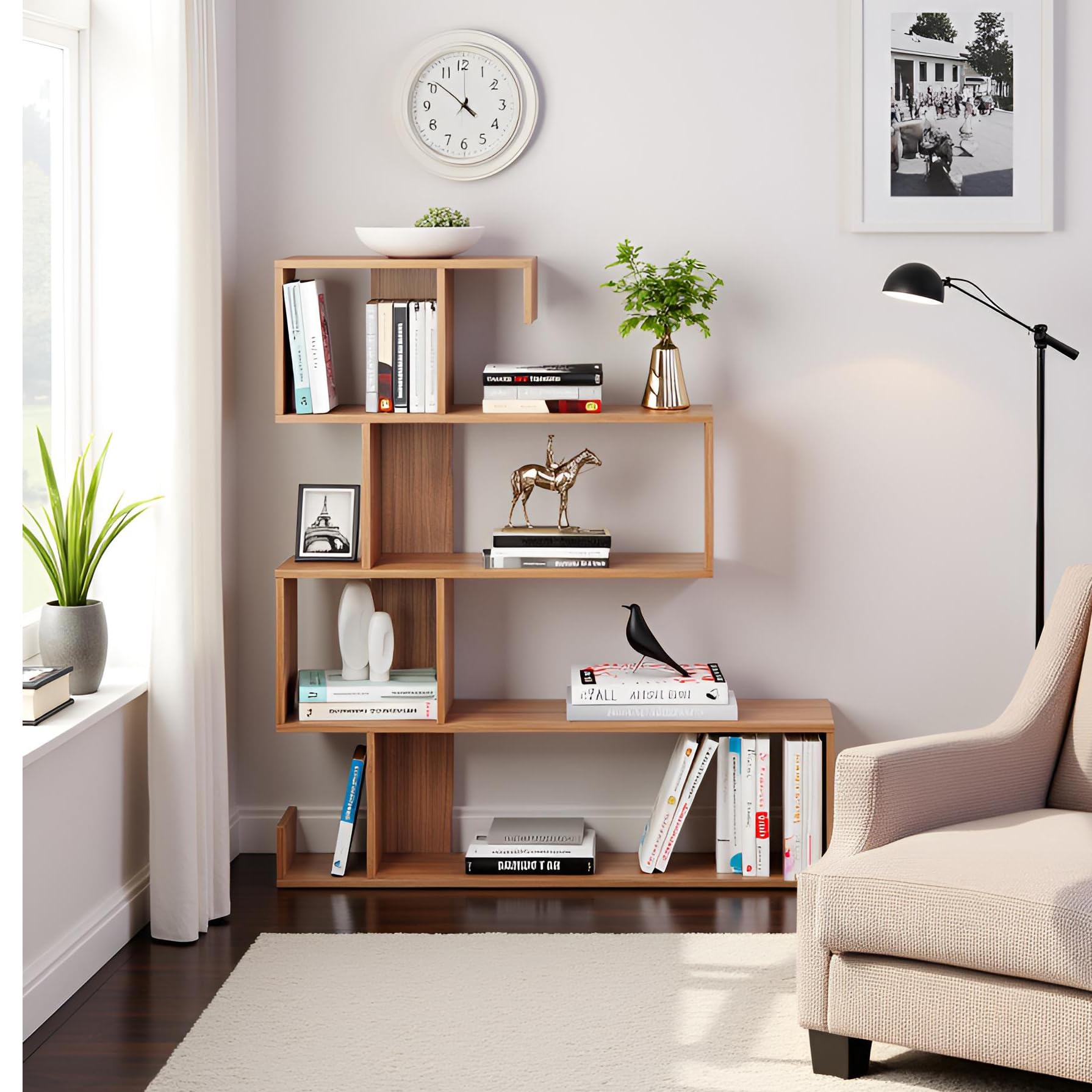 Allesia Modern Zig-Zag Wooden Bookshelf | Engineered Wood Display Rack (Exotic Teak) - right_view