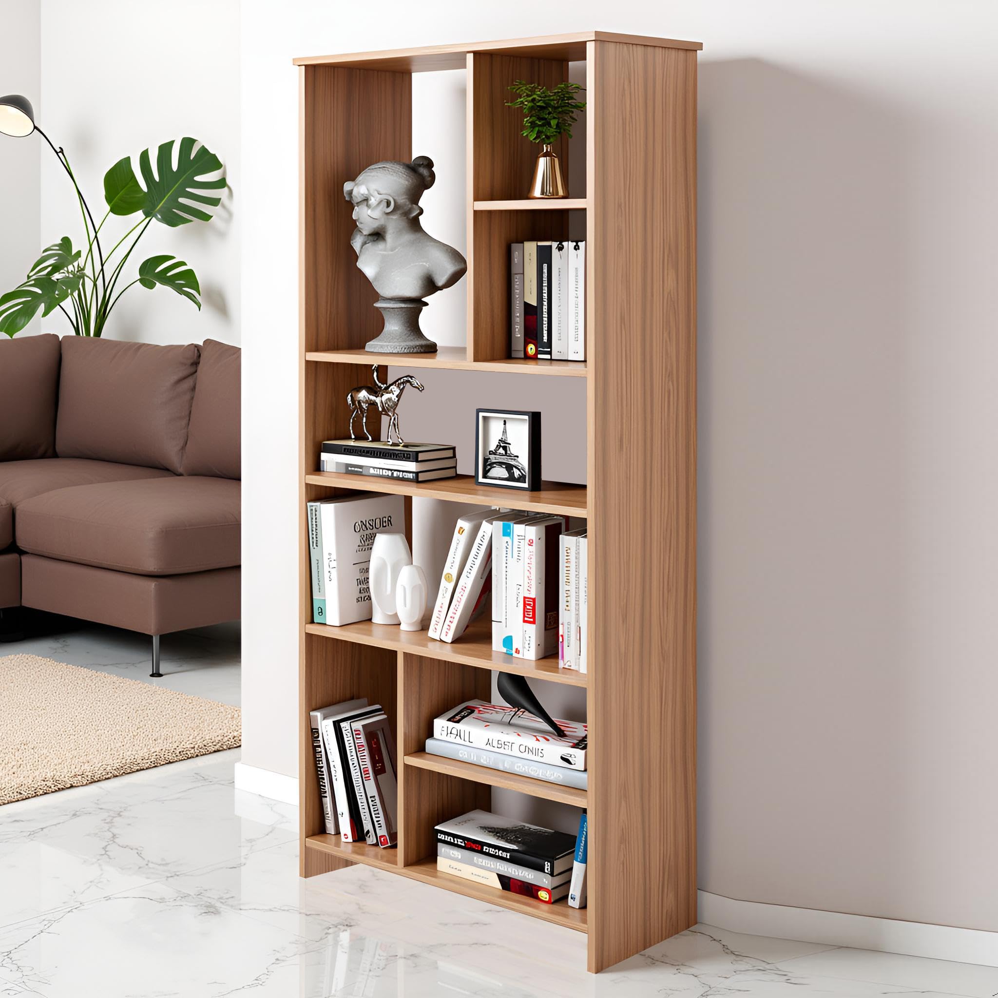 Arvin Wooden Bookshelf with 6 Shelves | Engineered Wood Book Cabinet Storage Rack for Living Room (Exotic Teak) - front_view