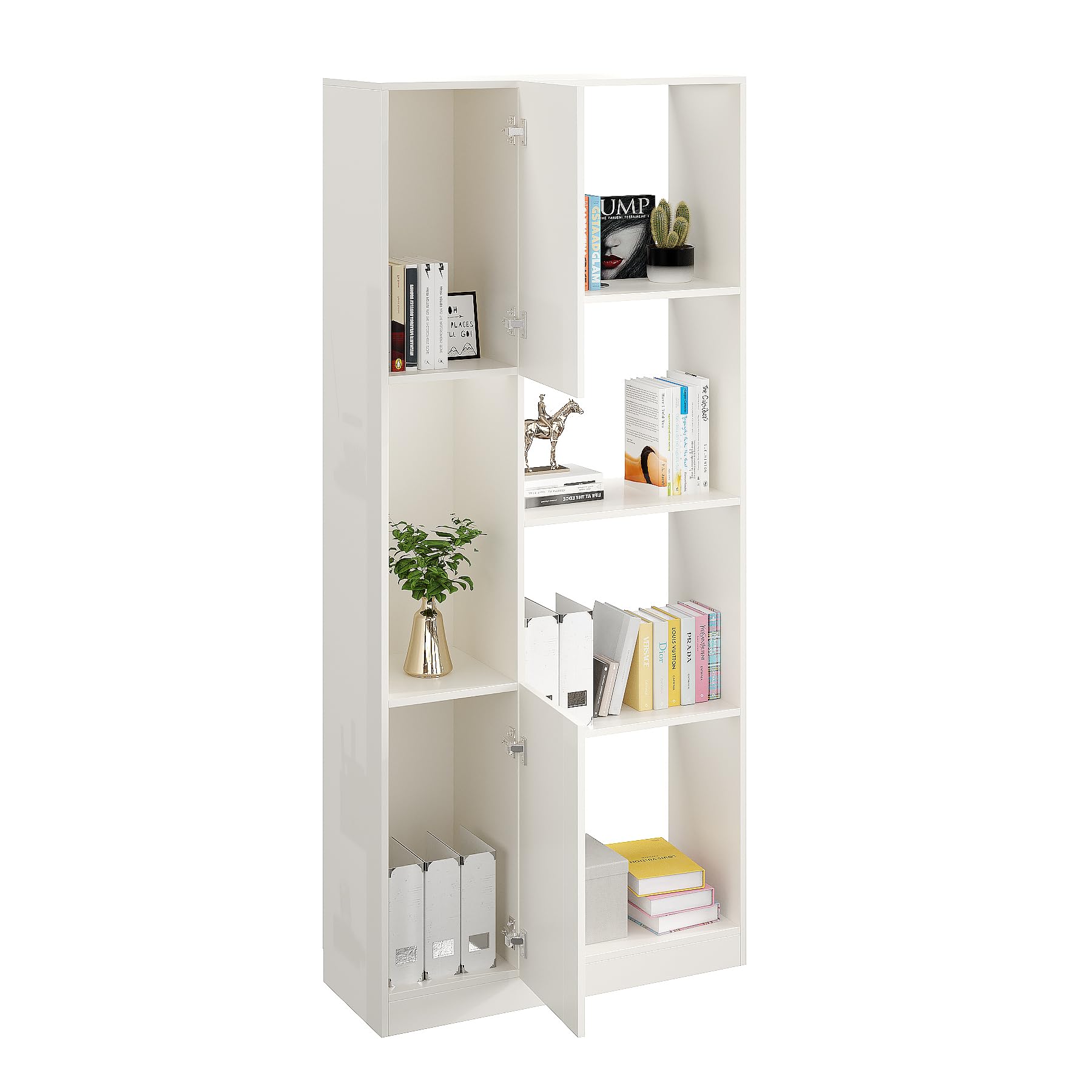Bookaura Wooden Bookshelf with Doors, Multipurpose Bookcase Storage Organizer for Living Room (White) - top_view
