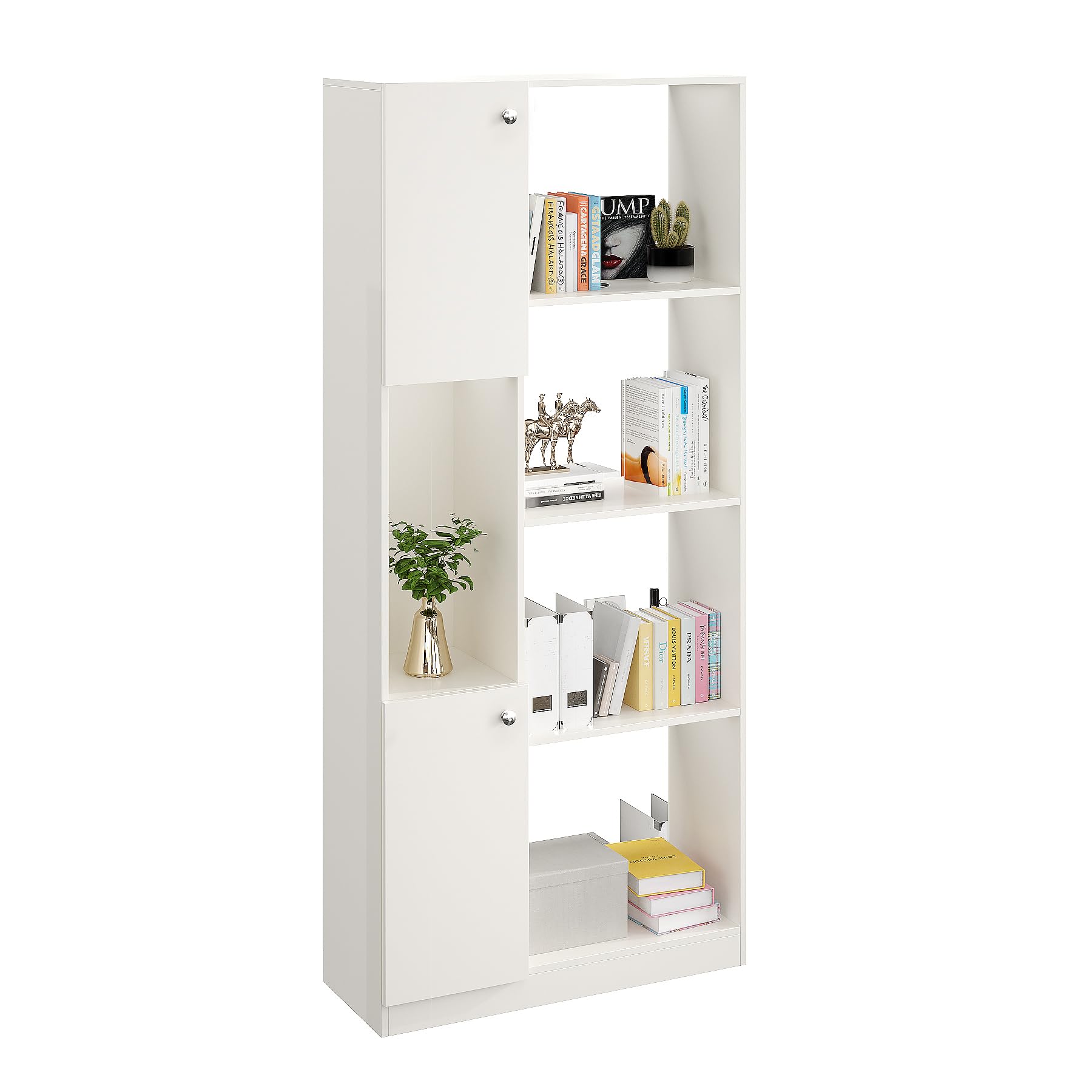 Bookaura Wooden Bookshelf with Doors, Multipurpose Bookcase Storage Organizer for Living Room (White) - rear_view