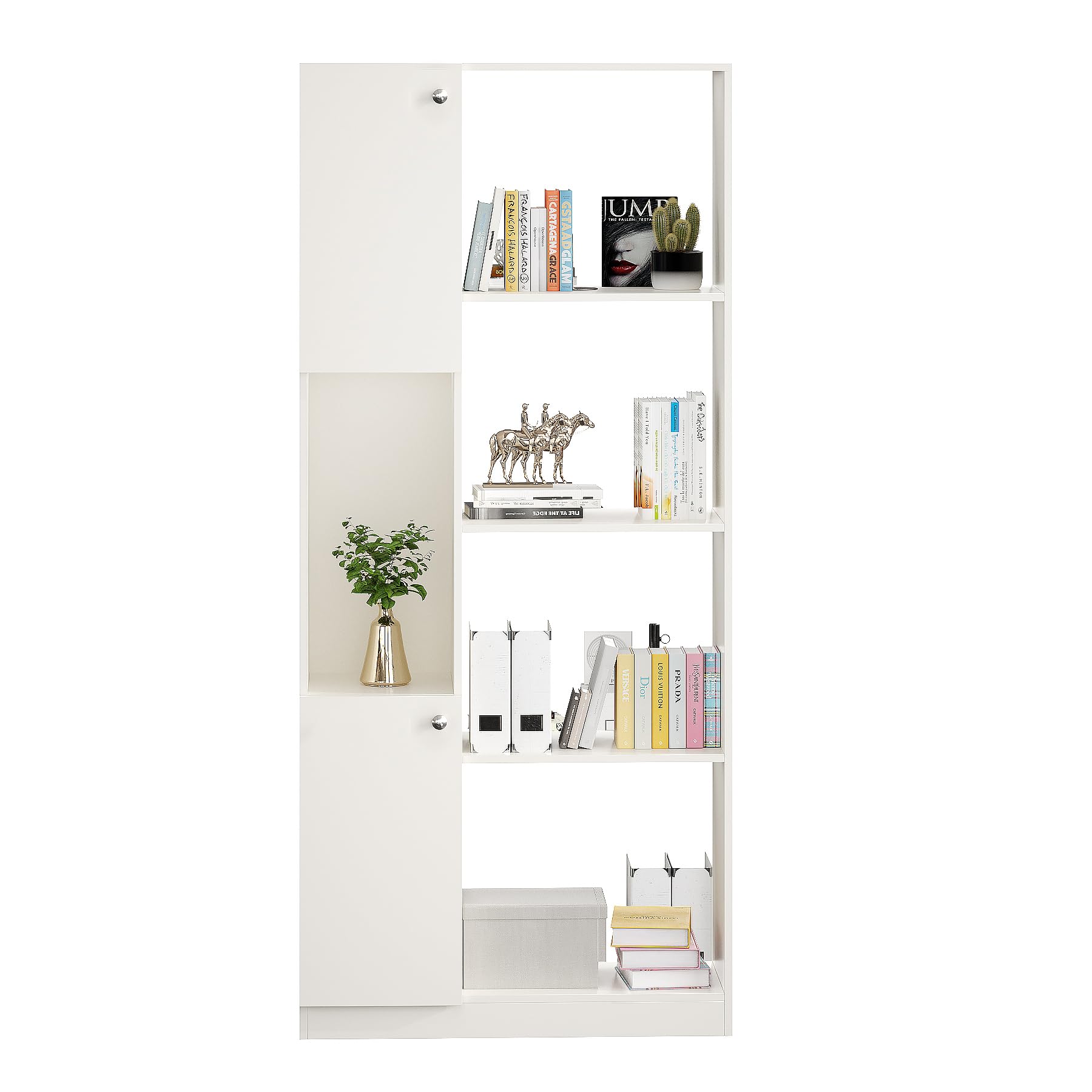 Bookaura Wooden Bookshelf with Doors, Multipurpose Bookcase Storage Organizer for Living Room (White) - right_view