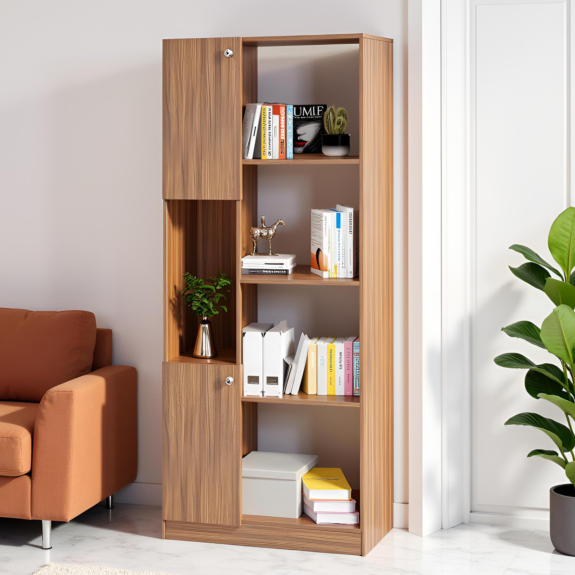 Bookaura Wooden Bookshelf with Doors, Multipurpose Bookcase Storage Organizer for Living Room (Exotic Teak) - front_view
