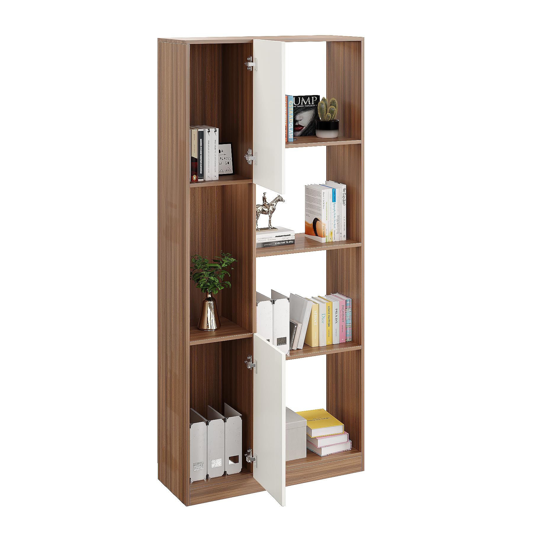Bookaura Wooden Bookshelf with Doors, Multipurpose Bookcase Storage Organizer for Living Room (Exotic Teak & White) - top_view