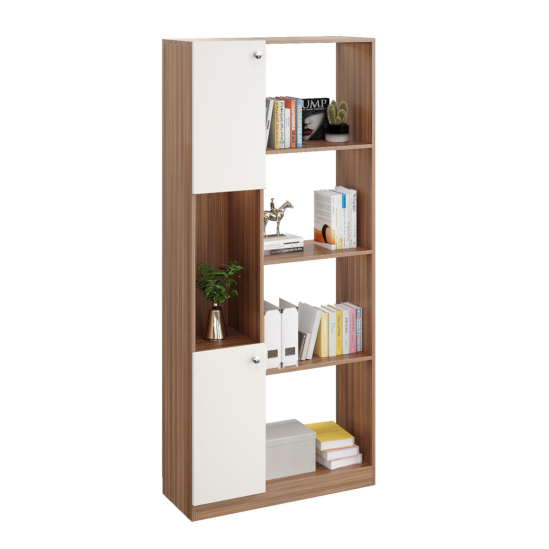Bookaura Wooden Bookshelf with Doors, Multipurpose Bookcase Storage Organizer for Living Room (Exotic Teak & White) - left_view