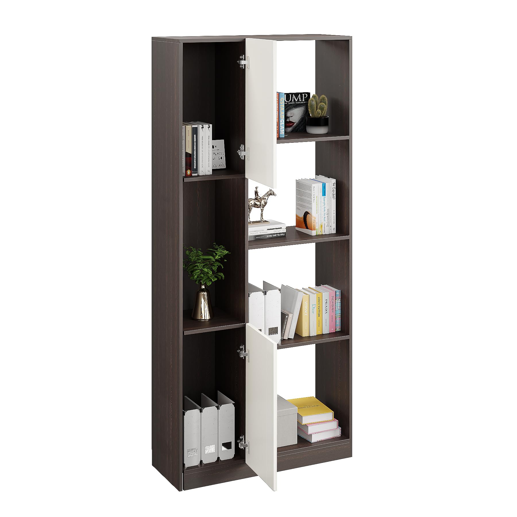 Bookaura Wooden Bookshelf with Doors, Multipurpose Bookcase Storage Organizer for Living Room (Wenge & White) - left_view