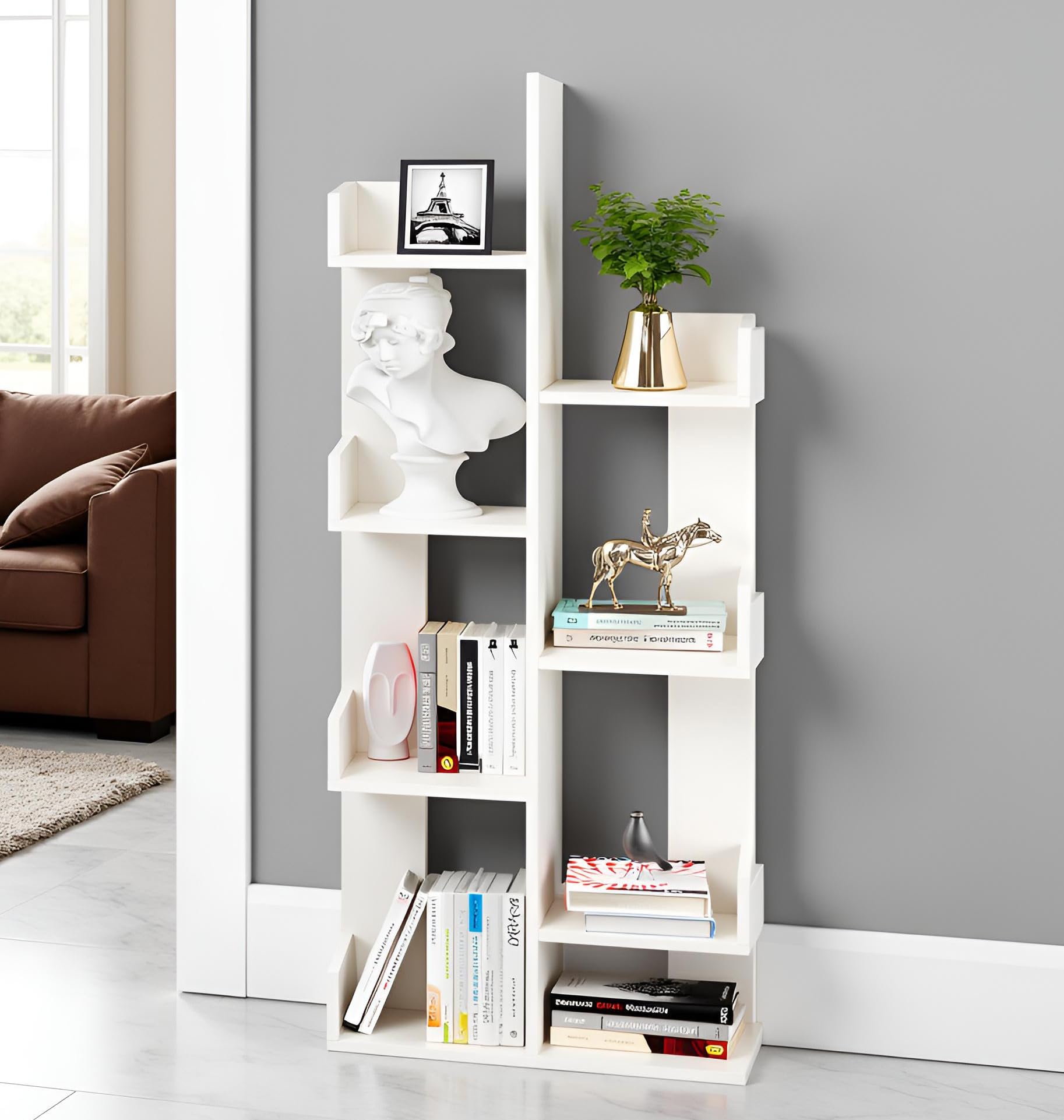 Barret Modern Engineered Wood Bookshelf | 6-Tier Zigzag Book Rack & Display Shelf for Living Bedroom (Exotic Teak) - front_view