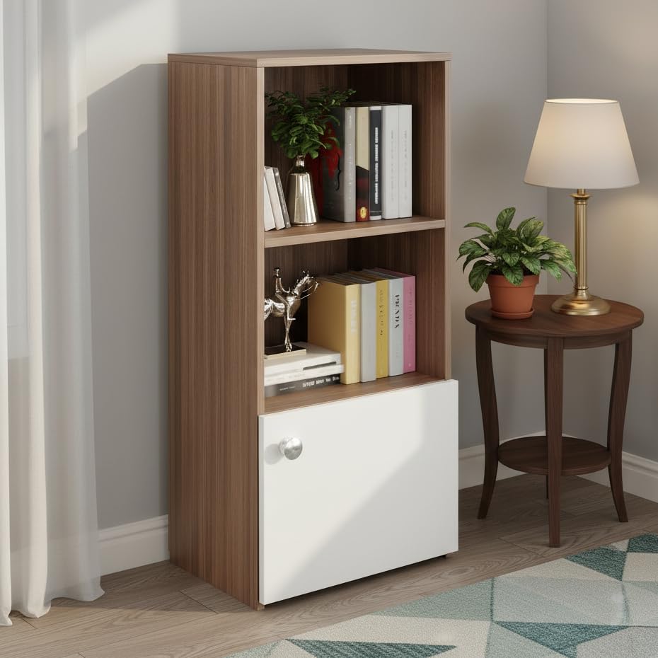 Vivid Wooden Bookshelf Cabinet with Door & Open Shelves | Engineered Wood (Exotic Teak & White) - front_view