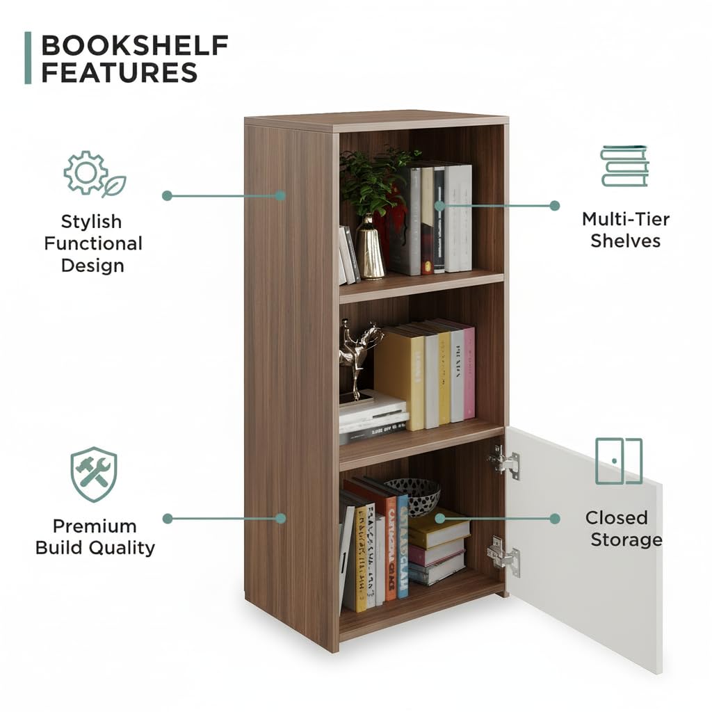 Vivid Wooden Bookshelf Cabinet with Door & Open Shelves | Engineered Wood (Exotic Teak & White) - top_view