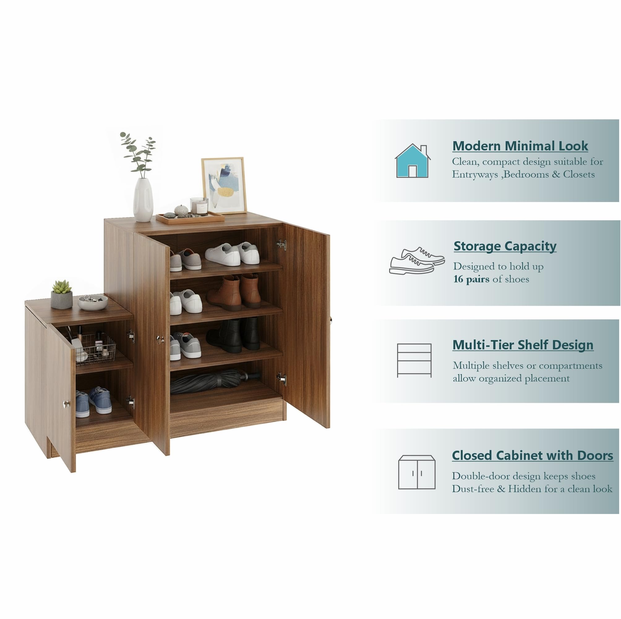 Embliss Wooden Shoe Rack with 6 Shelves, Store Up to 16 Pairs (Exotic Teak) - top_view