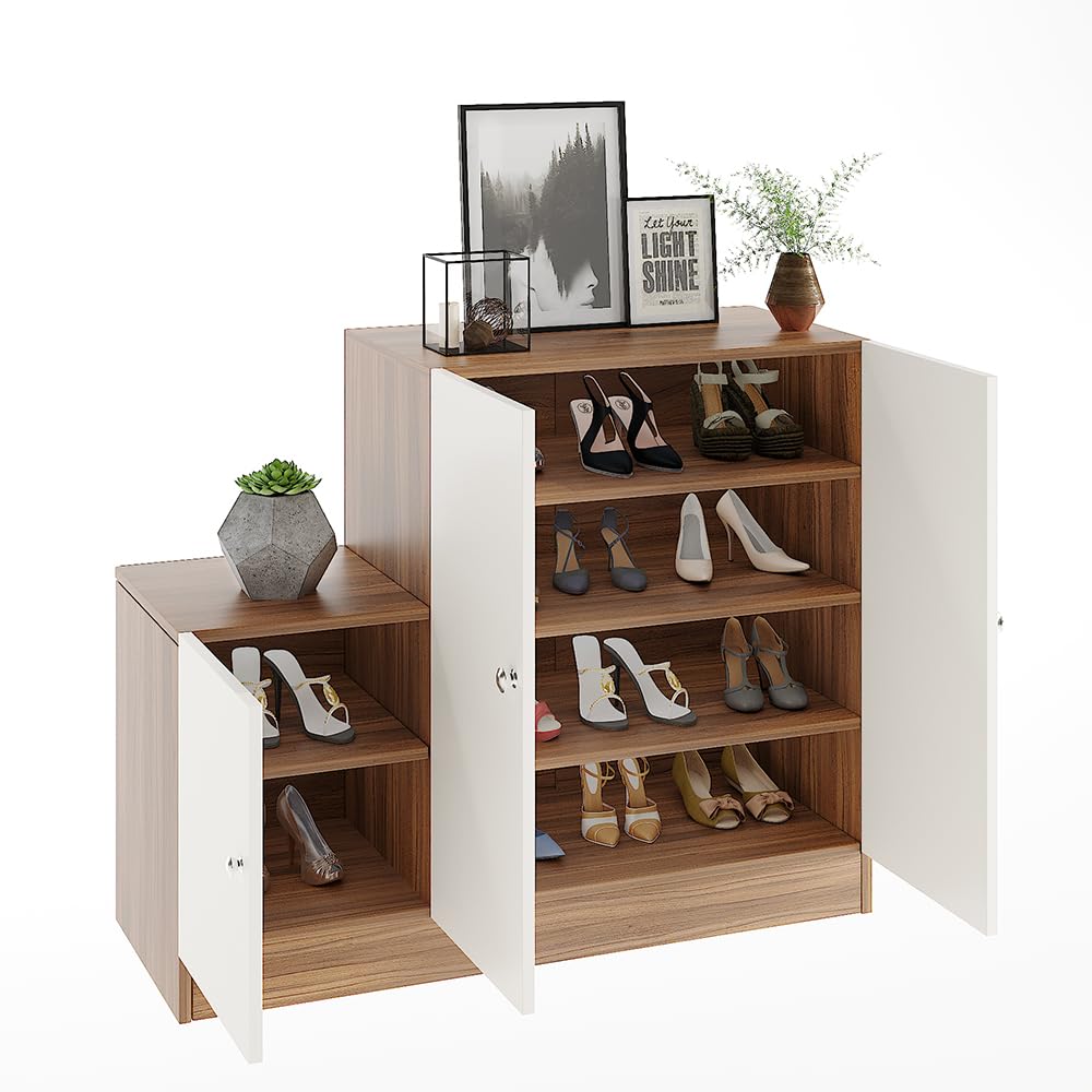Embliss Wooden Shoe Rack Cabinet with 6 Shelves | Stores Up to 16 Pairs | Space Saving Rack (Exotic Teak & White) - left_view