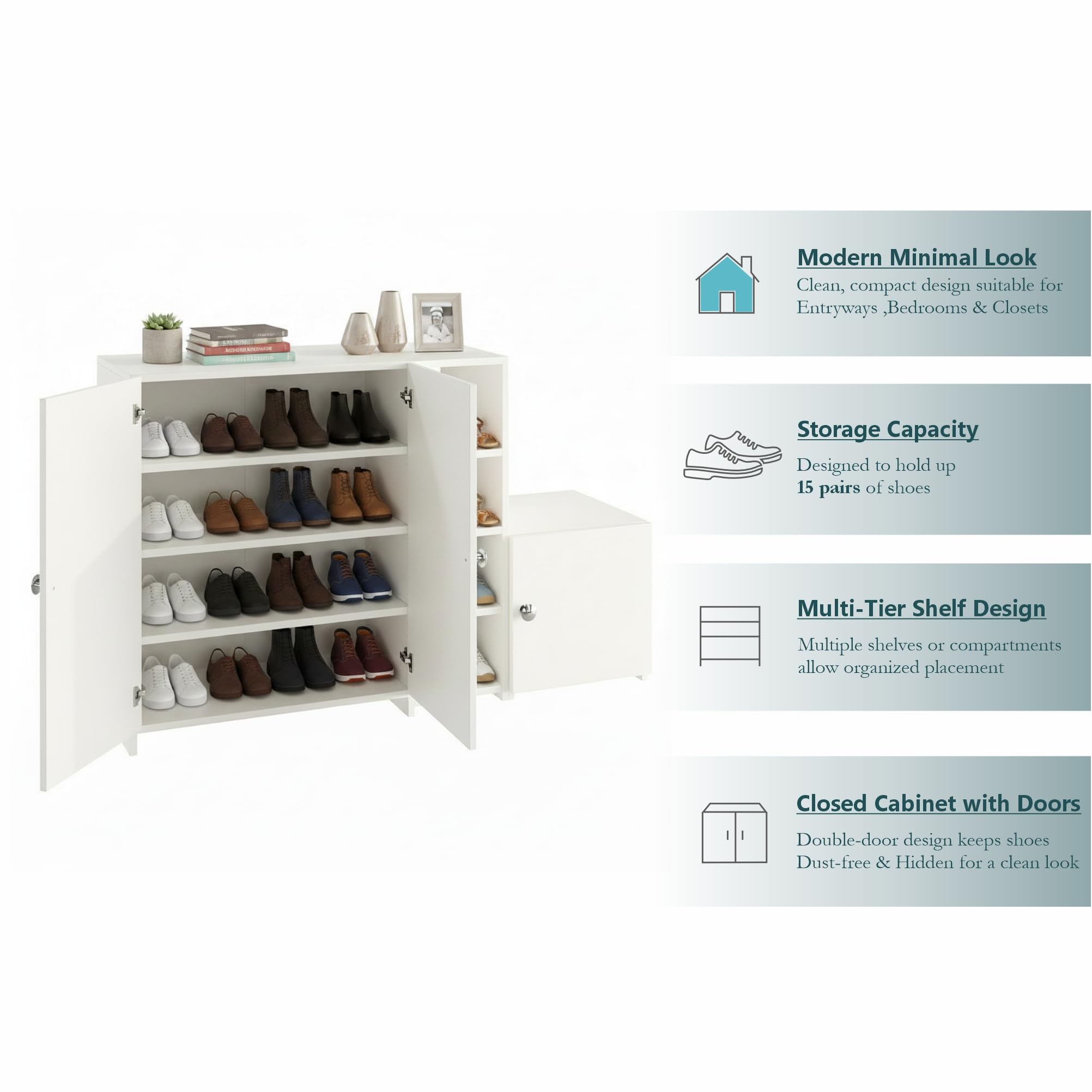 Fusia Modern Shoe Rack Cabinet with Doors & Shelves (White) - top_view