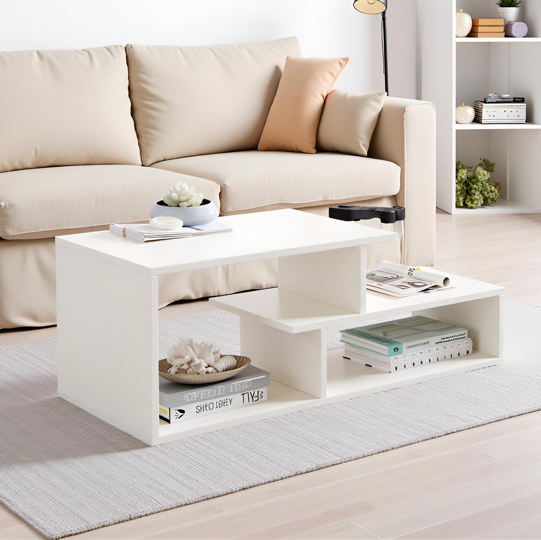 Acura Modern Engineered Wood Center Table with Open Storage Shelves (White) - front_view