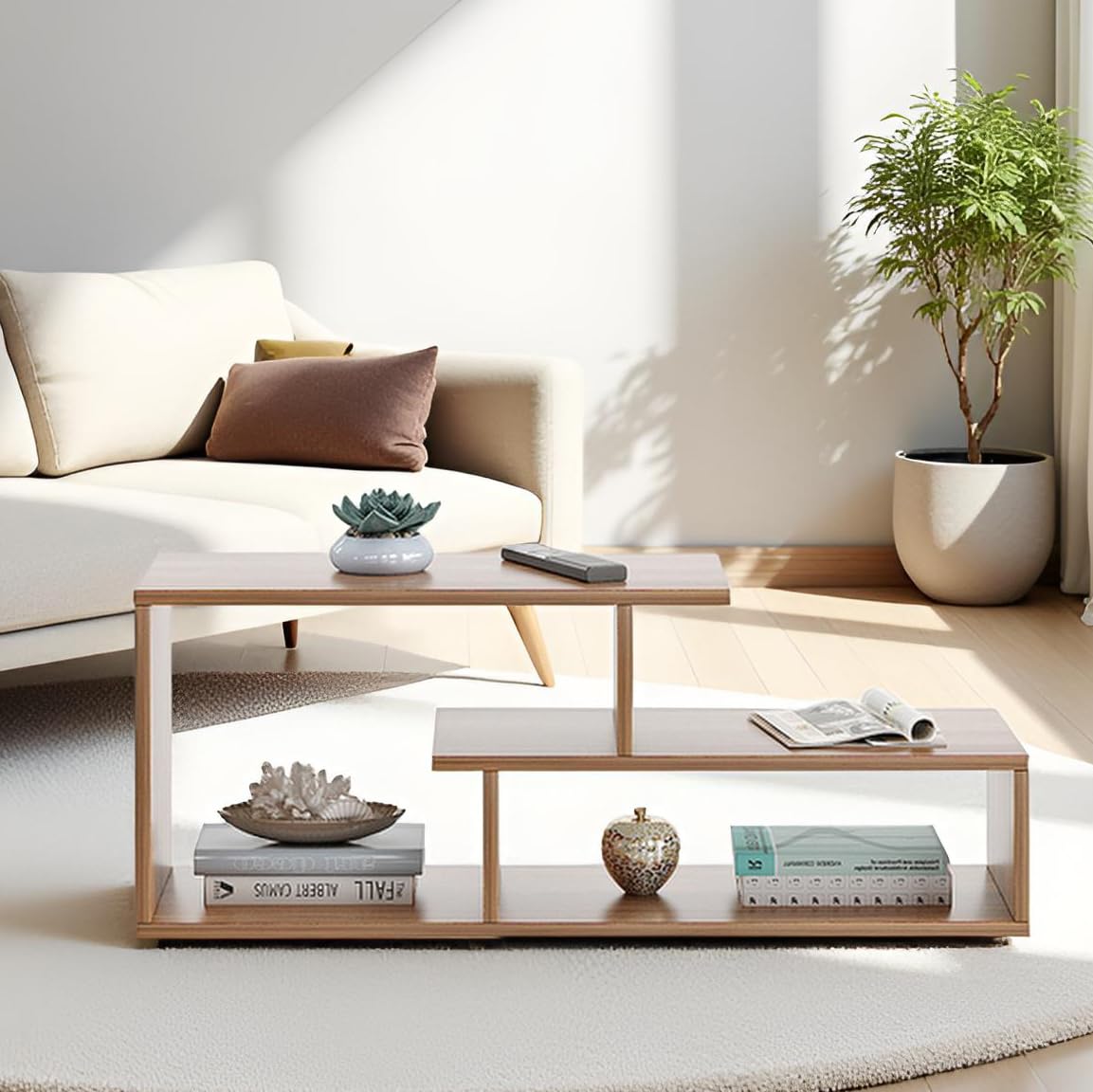 Acura Modern Engineered Wood Center Table with Open Storage Shelves (Exotic Teak) - front_view