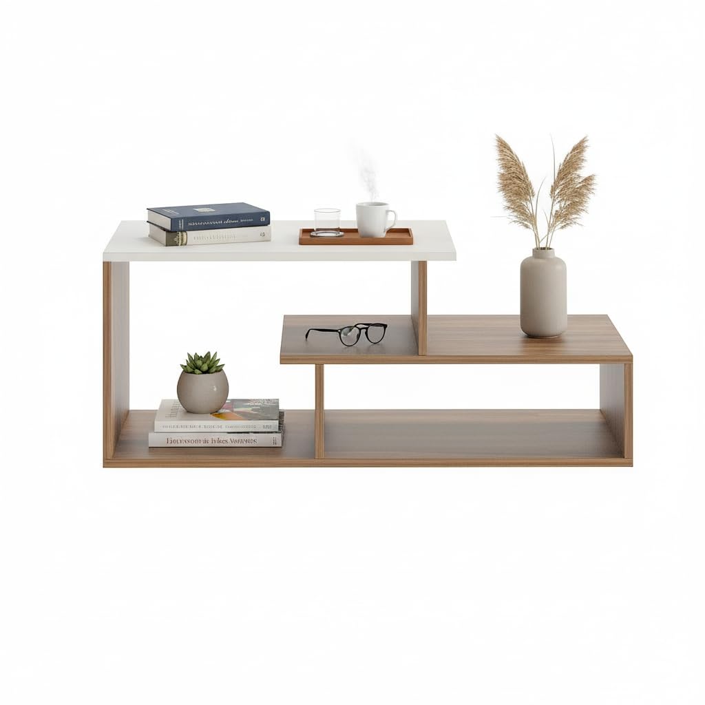 Acura Modern Engineered Wood Center Table with Open Storage Shelves (Exotic Teak & White) - top_view
