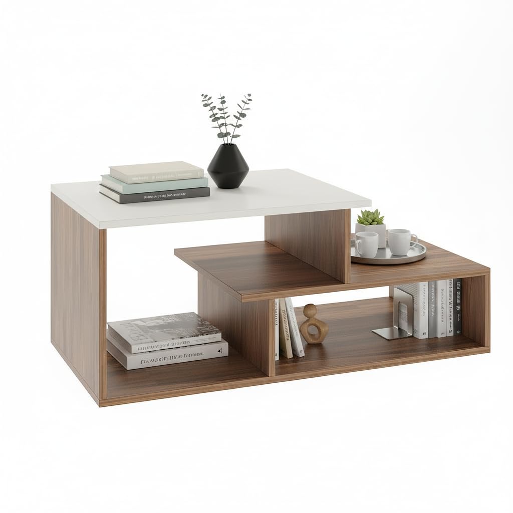 Acura Modern Engineered Wood Center Table with Open Storage Shelves (Exotic Teak & White) - left_view
