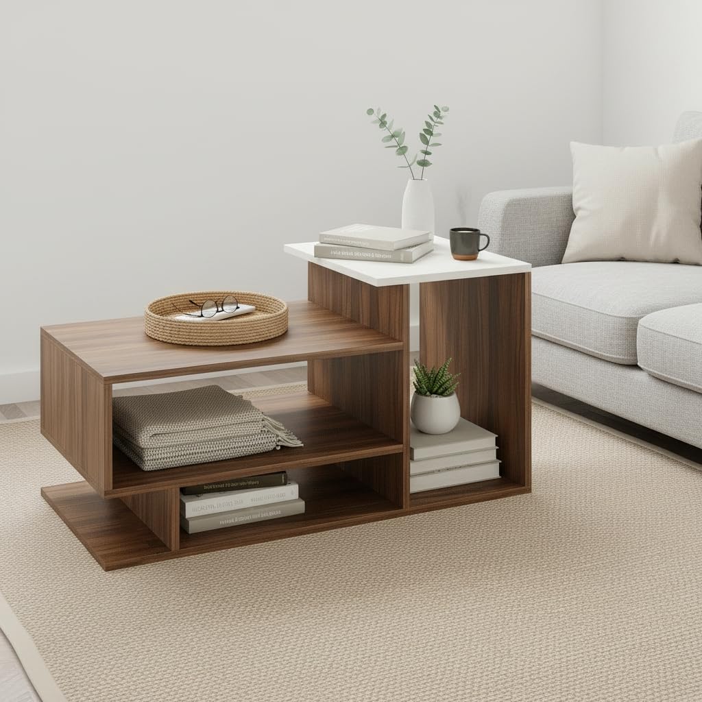 Afaria Modern Engineered Wood Center Table with Storage Shelves (Exotic Teak & White) - front_view