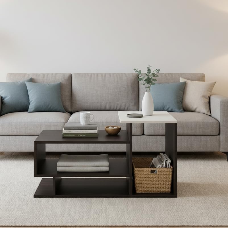 Afaria Modern Engineered Wood Center Table with Storage Shelves (Wenge & White) - front_view