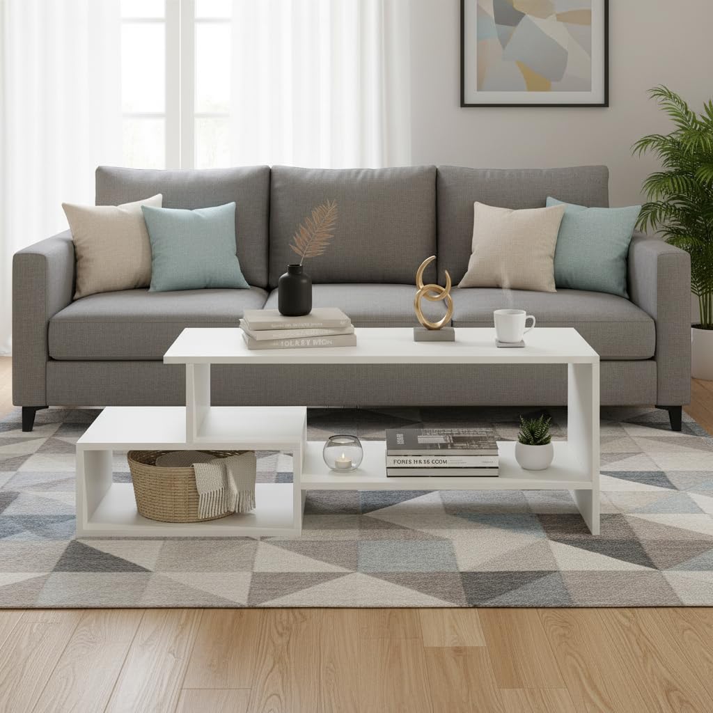 Allium Wooden Center Table with Storage and Open Rack (White) - front_view