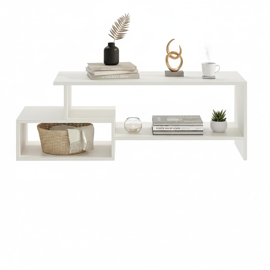 Allium Wooden Center Table with Storage and Open Rack (White) - top_view