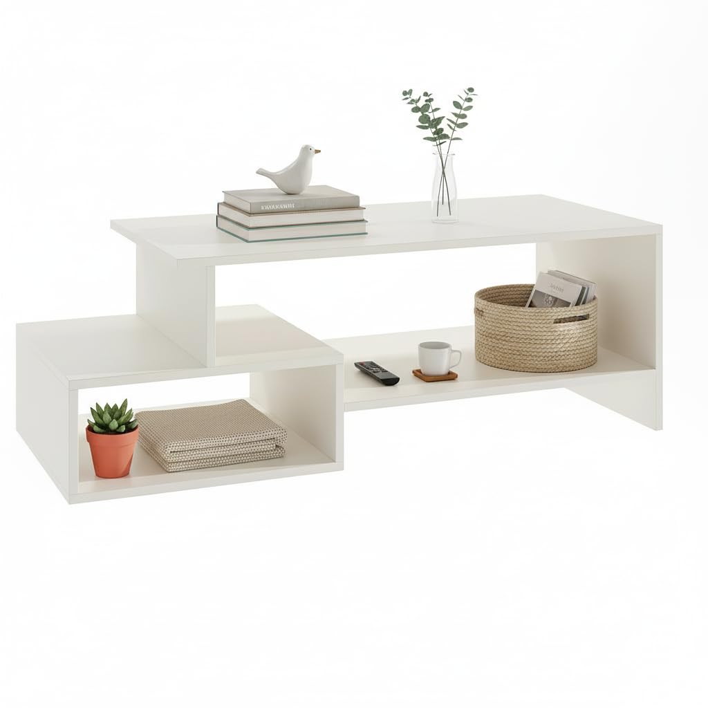 Allium Wooden Center Table with Storage and Open Rack (White) - rear_view