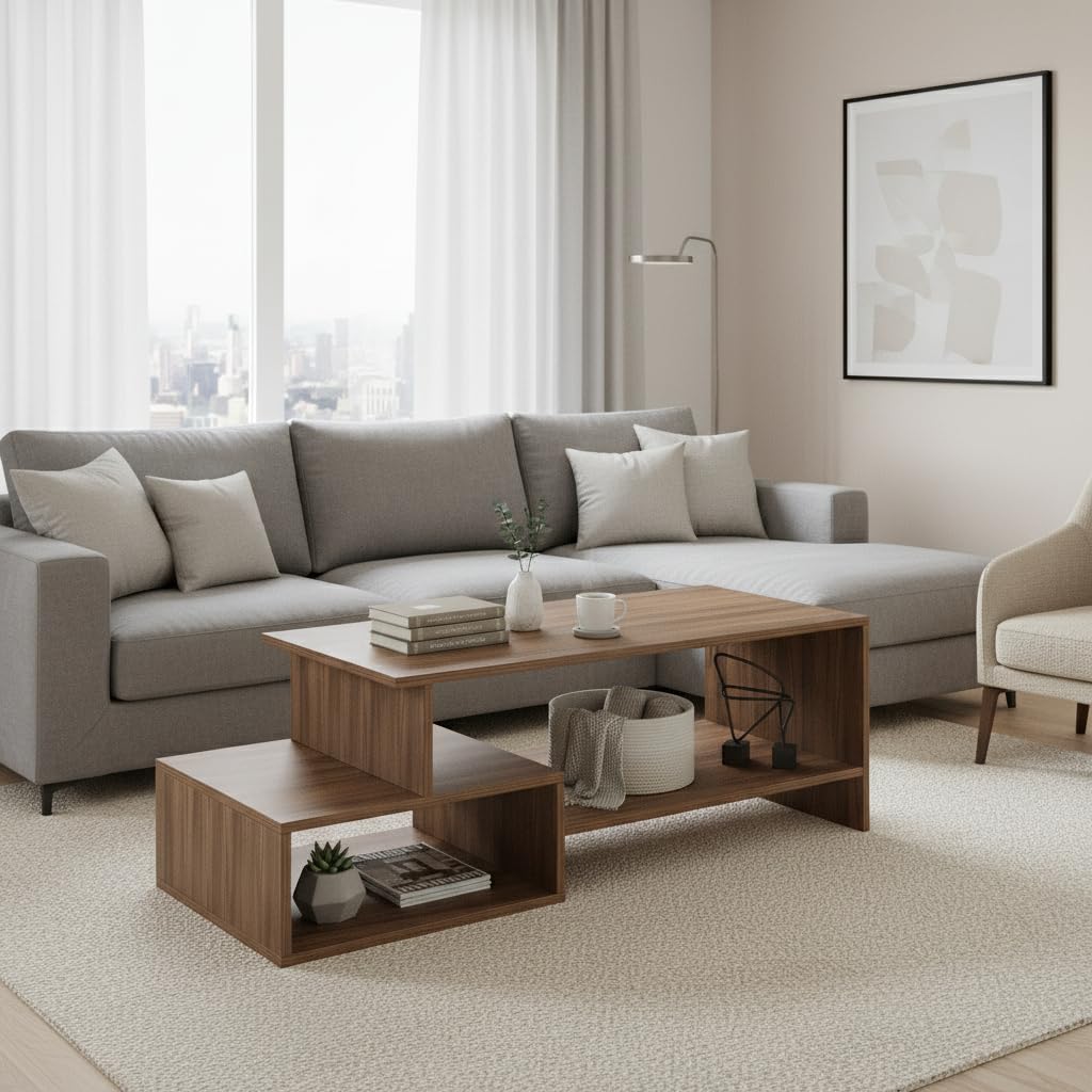 Allium Wooden Center Table with Storage and Open Rack (Exotic Teak) - front_view