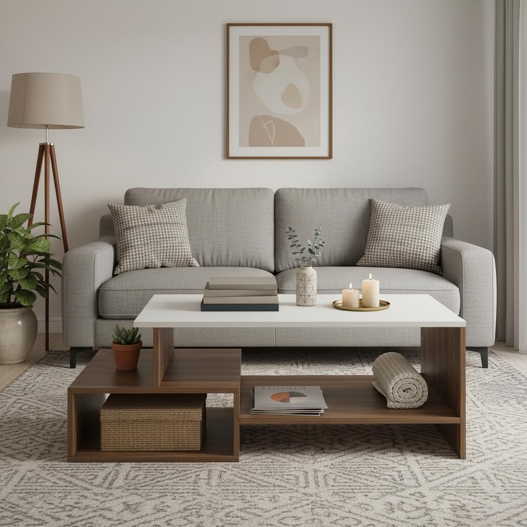 Allium Wooden Center Table with Storage and Open Rack (Exotic Teak & White) - front_view