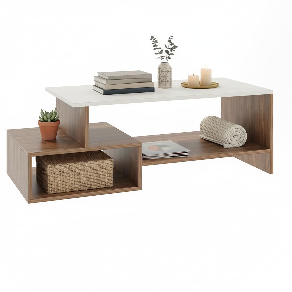 Allium Wooden Center Table with Storage and Open Rack (Exotic Teak & White) - left_view