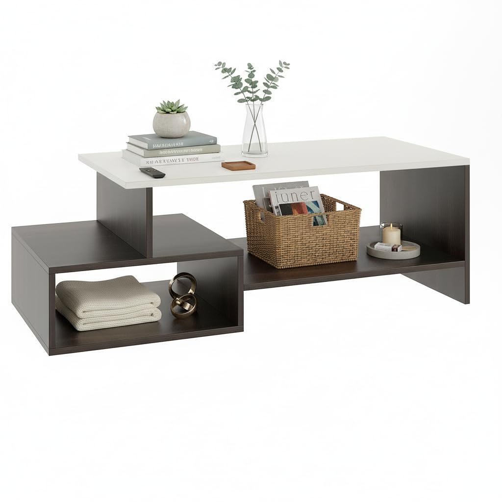 Allium Wooden Coffee Table with Storage and Open Rack (Wenge & White) - top_view