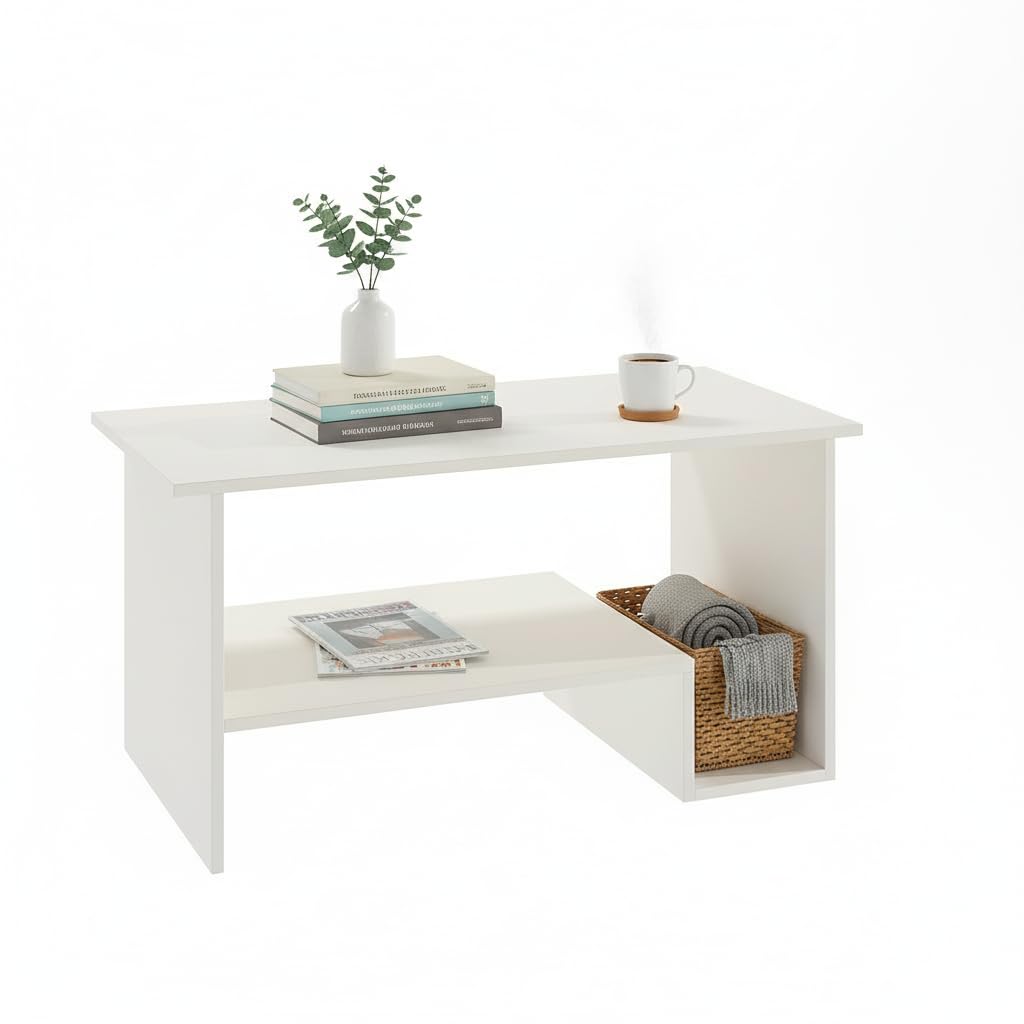 Aster Modern Engineered Wood Center Table with Open Storage Shelves (White) - front_view