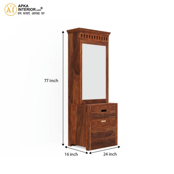 Sheesham Wood Dressing Table with Mirror with Seating Stool (24x16x77 Inches) - front_view