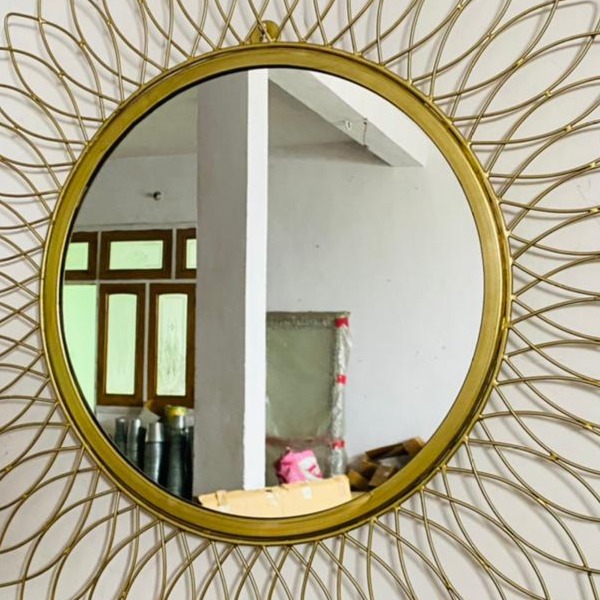 Engineered Iron Round Wall Mirror in Golden Colour - front_view