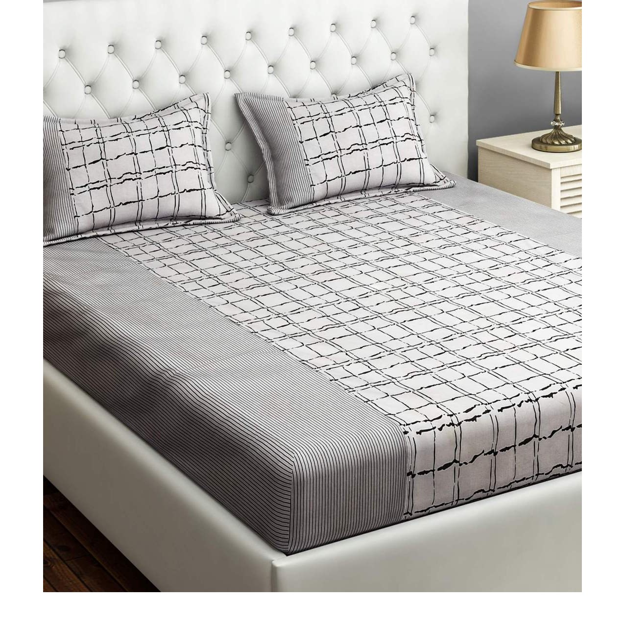 Grey Floral 240 TC Cotton 1 Double King Size Bedsheet - top_view