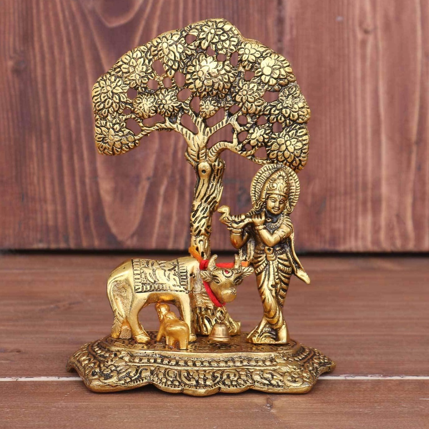 Designer Metal Lord Metal Cow Calf and Krishna Idol Showpiece - rear_view