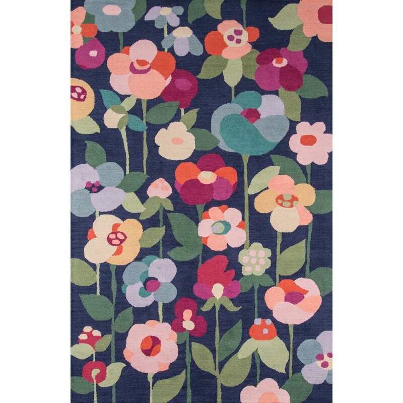 Tulsa floralhandmade tufted navy wool area rug - rear-view