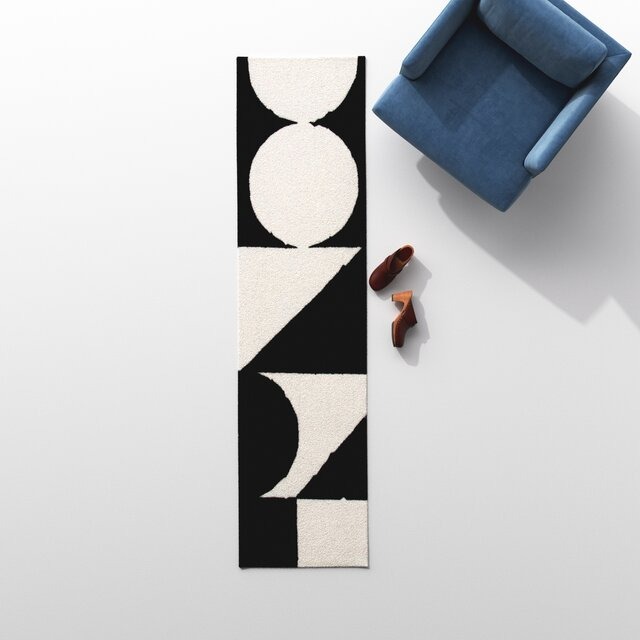 Dave Geometric Handmade Tufted Wool Ivory black Area Rug - top-view
