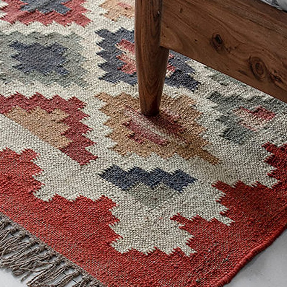 Handwoven Wool And Jute Dhurrie Rug - top-view