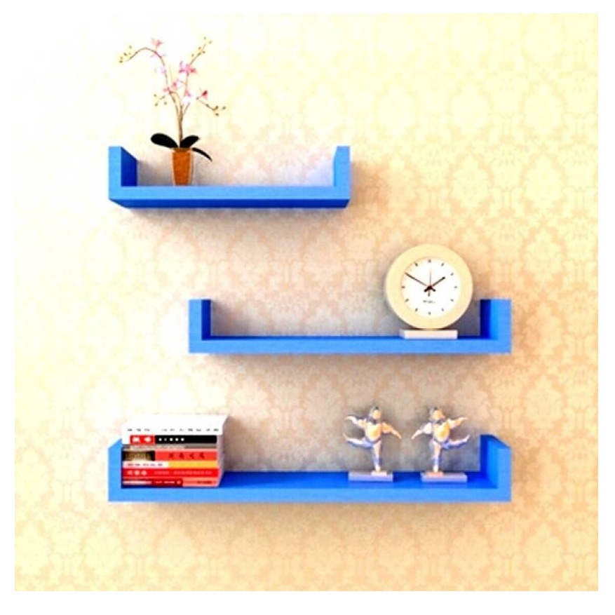 Wooden U Shape Wall Shelf ( SKY BLUE) - front-view