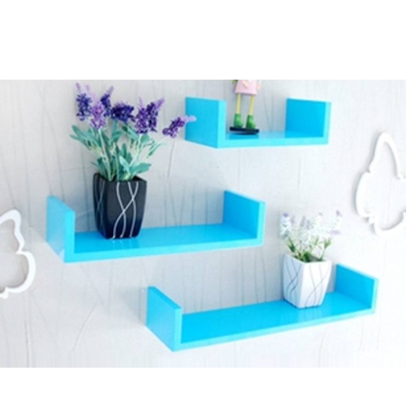 Wooden U Shape Wall Shelf ( SKY BLUE) - top-view
