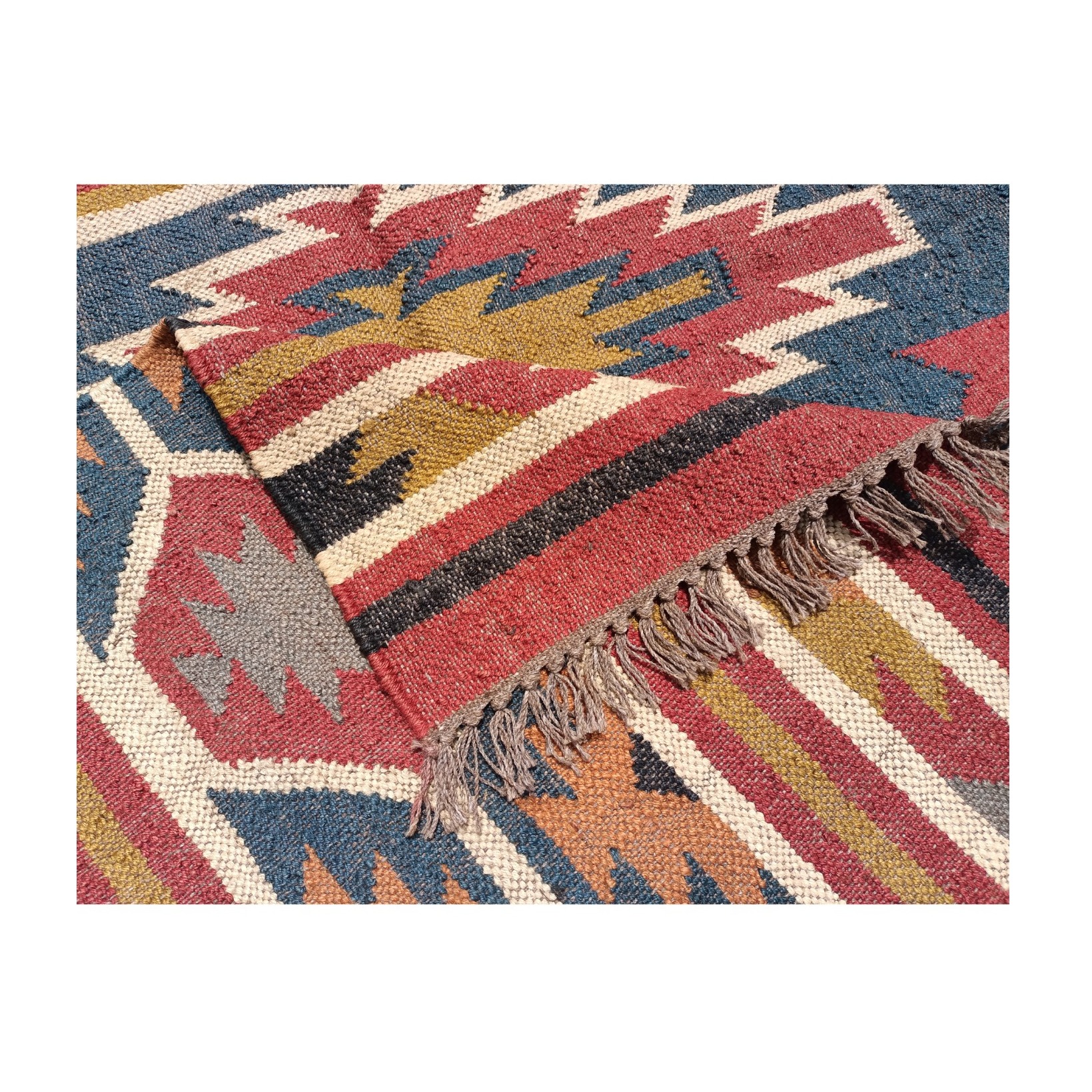 Handwoven Camel Wool And Jute Kilim Rug - rear_view