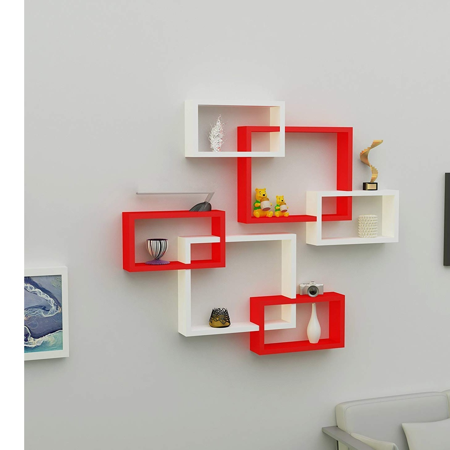 Intersecting Wooden Wall Shelves Decor Set of 6 - left-view