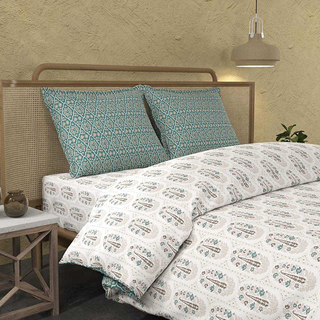 Ajrakh Turquoise Traditional Bedsheet - rear_view