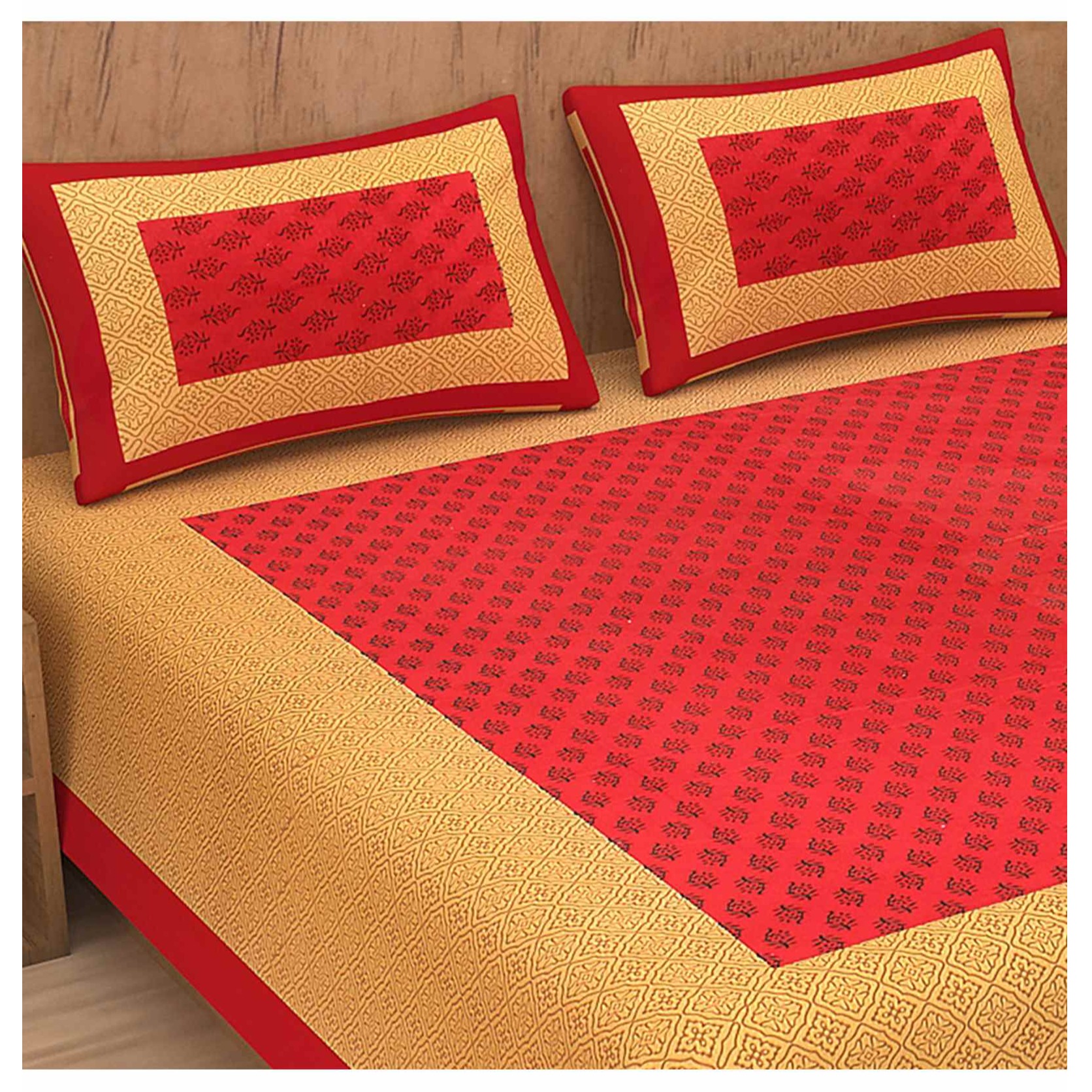 Pure Cotton Double Bedsheet with Pillow Covers - Red - rear_view