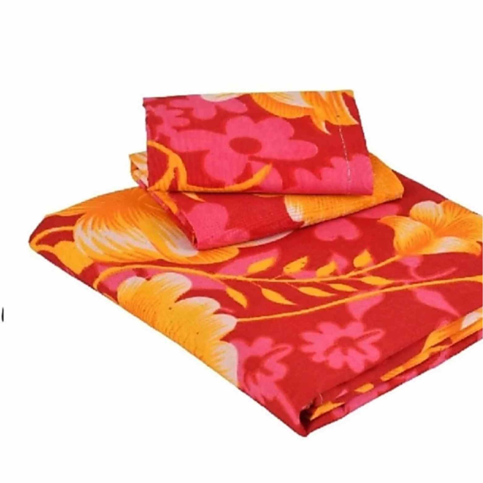 Poly Cotton Double Bedsheet With Pillow Covers Printed - Red - left_view