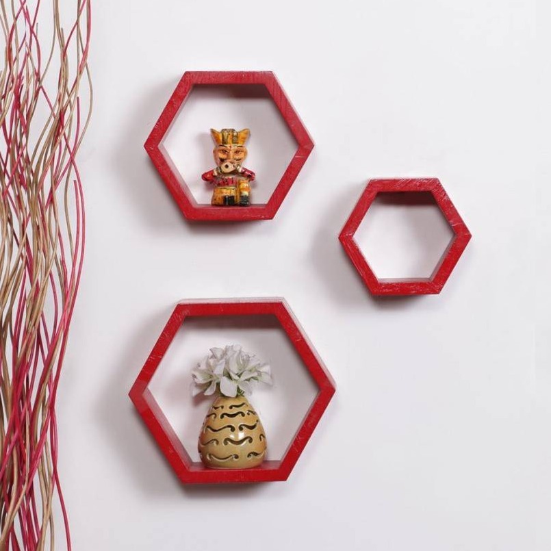 Wooden Wall Mount 3 Hexagon Floating Shelves (Red) - front_view