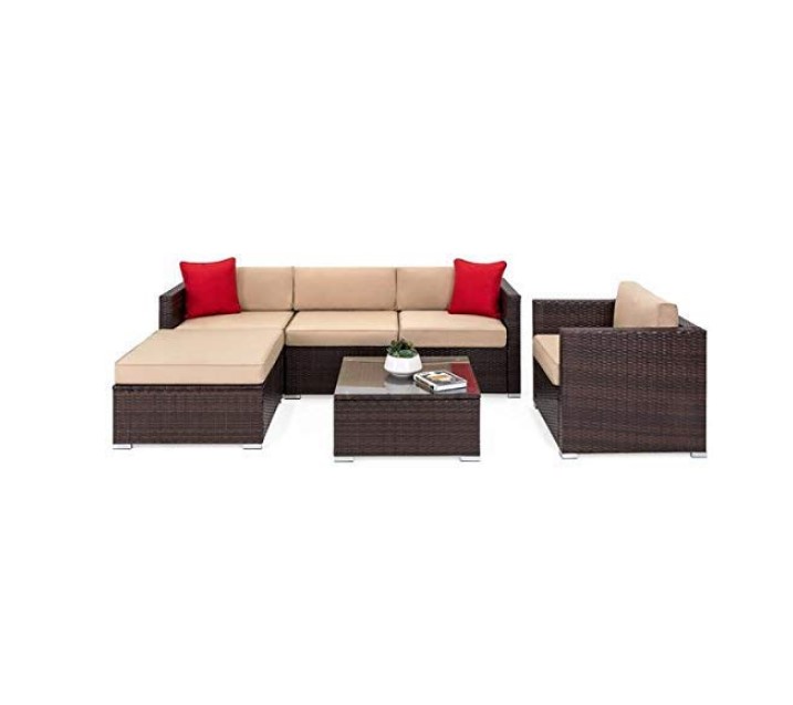 Outdoor 5 Seater Sofa Set With Cushion and Glass Table (Brown) - top-view