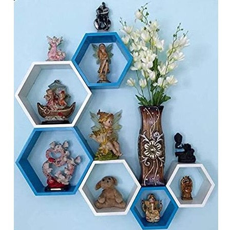 Annecy Wall Shelf In Hexagon Shape (Set of Six,  Sky Blue & White) - rear_view